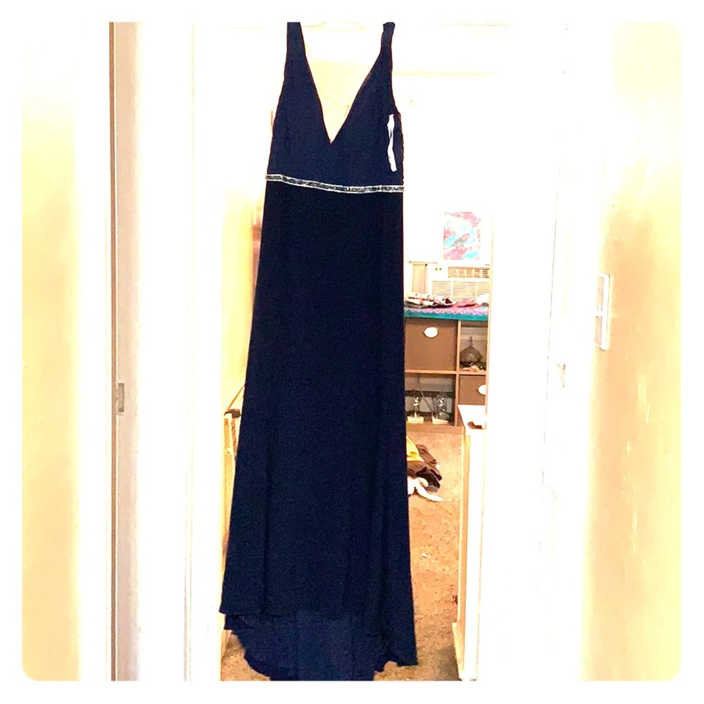 Navy blue formal dress.